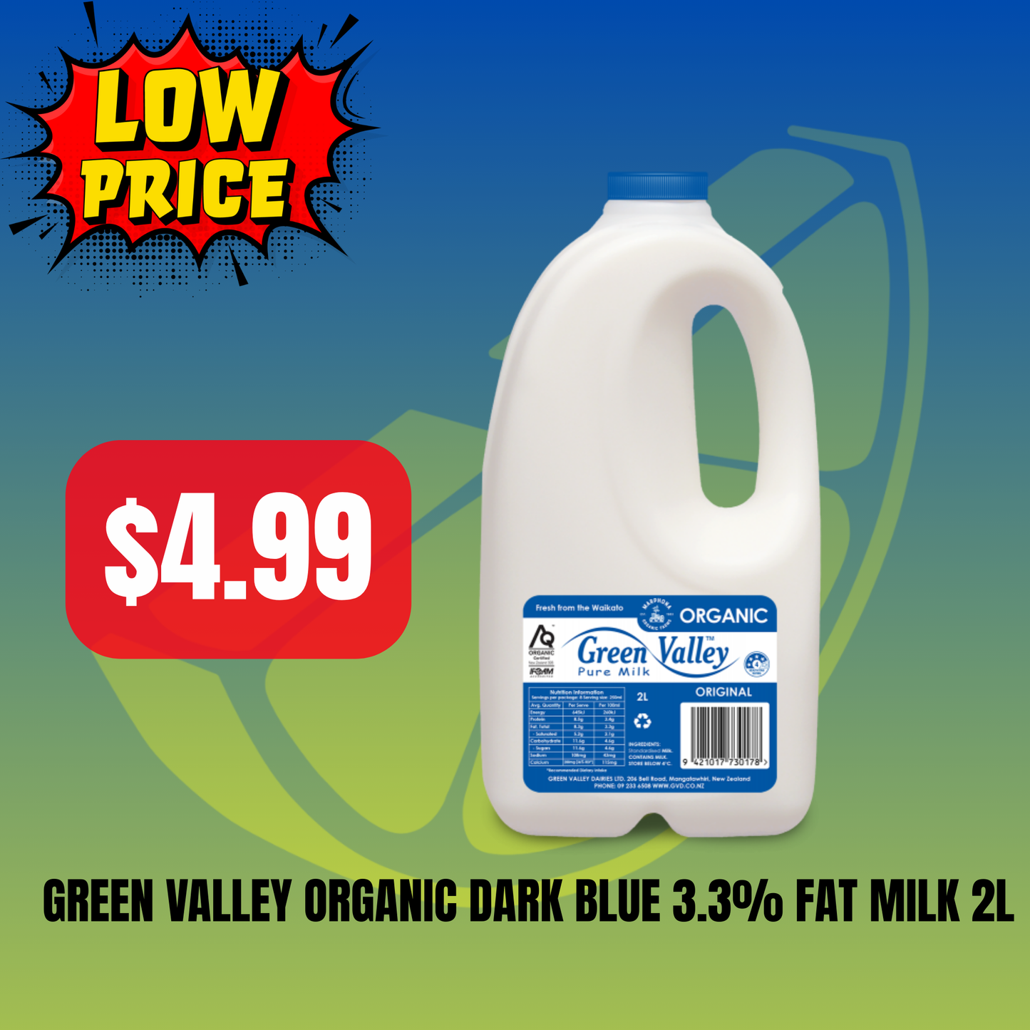 Green Valley Organic Dark Blue 3.3% Fat Milk 2L