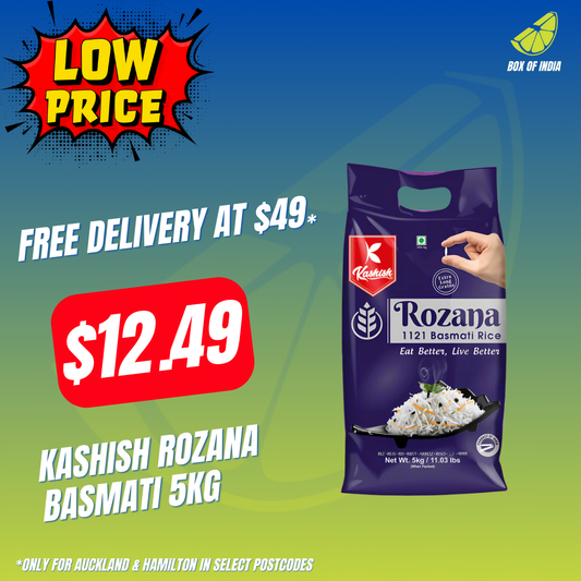 Advertisement for Rozana Basmati rice with promotional text and price on a blue and green gradient background.