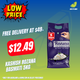 Advertisement for Rozana Basmati rice with promotional text and price on a blue and green gradient background.