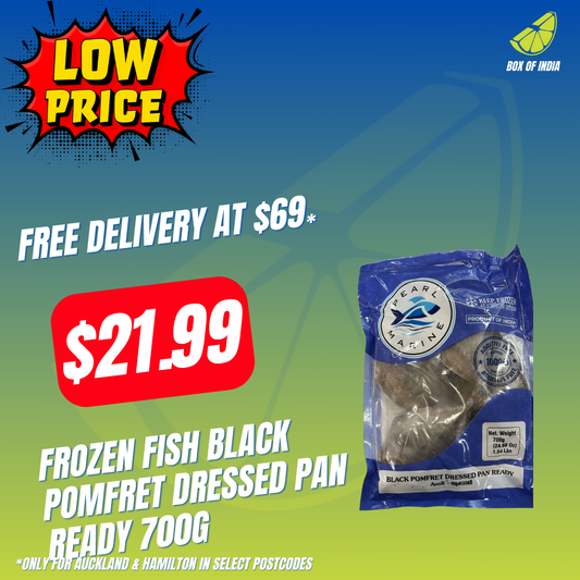 Frozen Fish Black Pomfret Dressed Pan Ready 700g (Product of India)