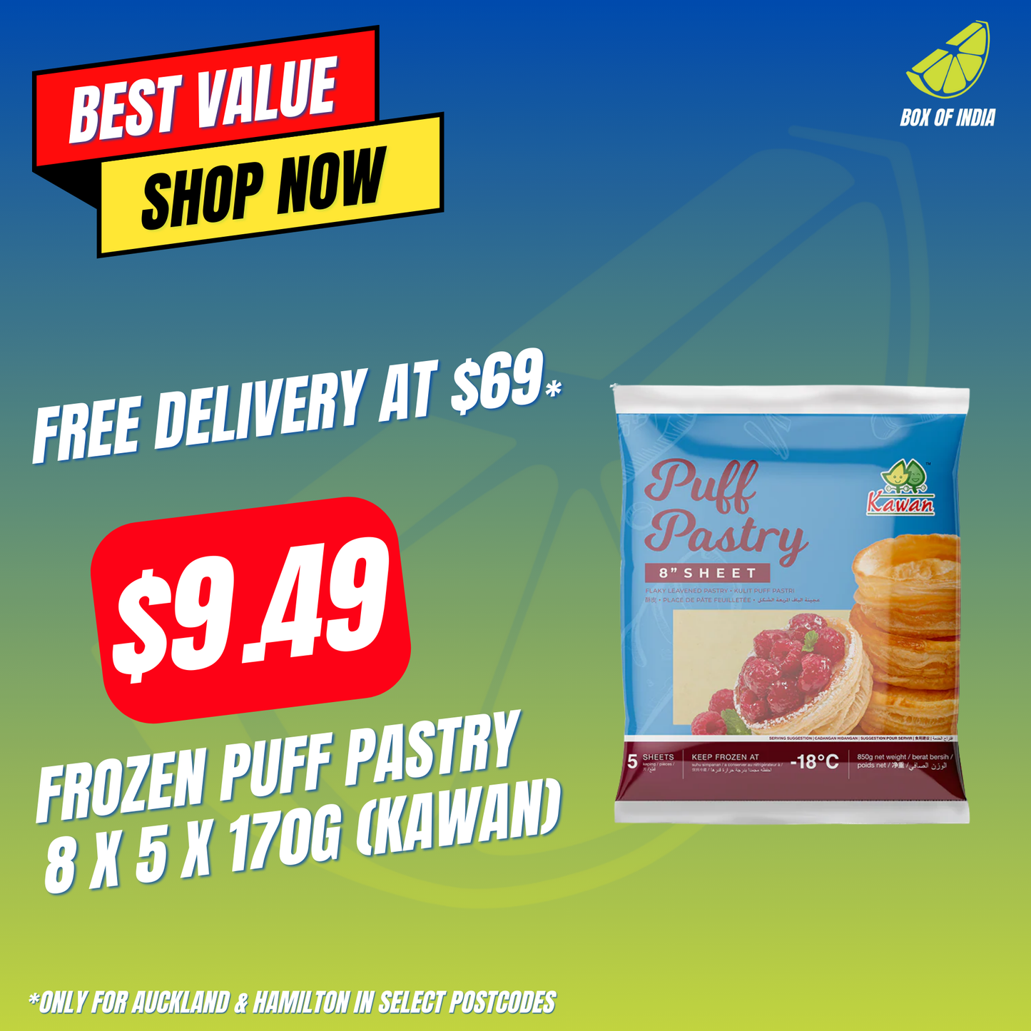 Frozen Puff Pastry 8 x 5 x 170g (Kawan)