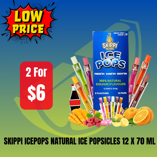 Skippi Icepops Natural Ice Popsicles (Lemon, Mango, Orange, Raspberry, Bubblegum and Cola) - 12 x 70 ml