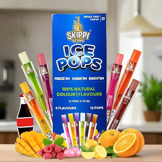 Skippi Icepops Natural Ice Popsicles (Lemon, Mango, Orange, Raspberry, Bubblegum and Cola) - 12 x 70 ml