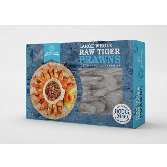 Frozen Whole Raw Black Tiger Prawns 31/40 800g