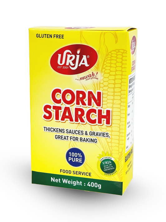 A box of Urja brand corn starch, which is labeled as gluten free and 100% pure. The net weight of the product is 400g.