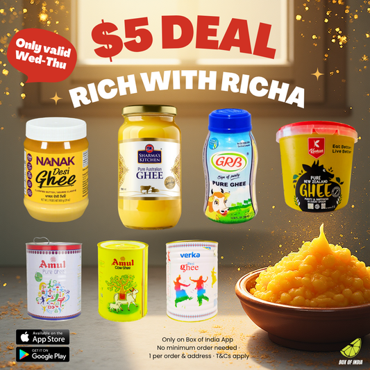 Promotional image for a $5 deal on various ghee products with a bowl of ghee at the bottom.