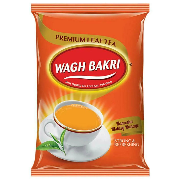 Packaging of Wagh Bakri premium leaf tea showing a cup of tea and the brand logo.